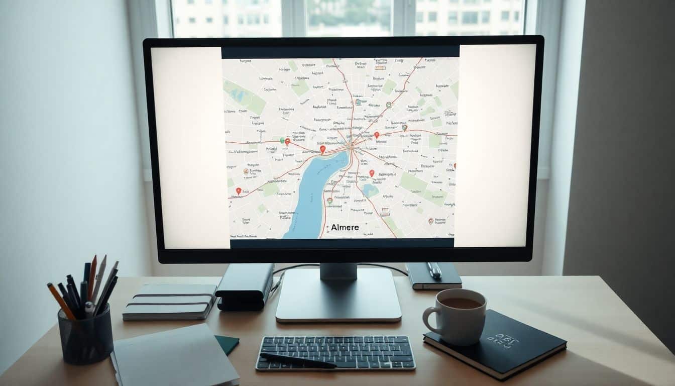 Een digitale kaart van Almere wordt weergegeven op een computerscherm, omringd door kantoorbenodigdheden.