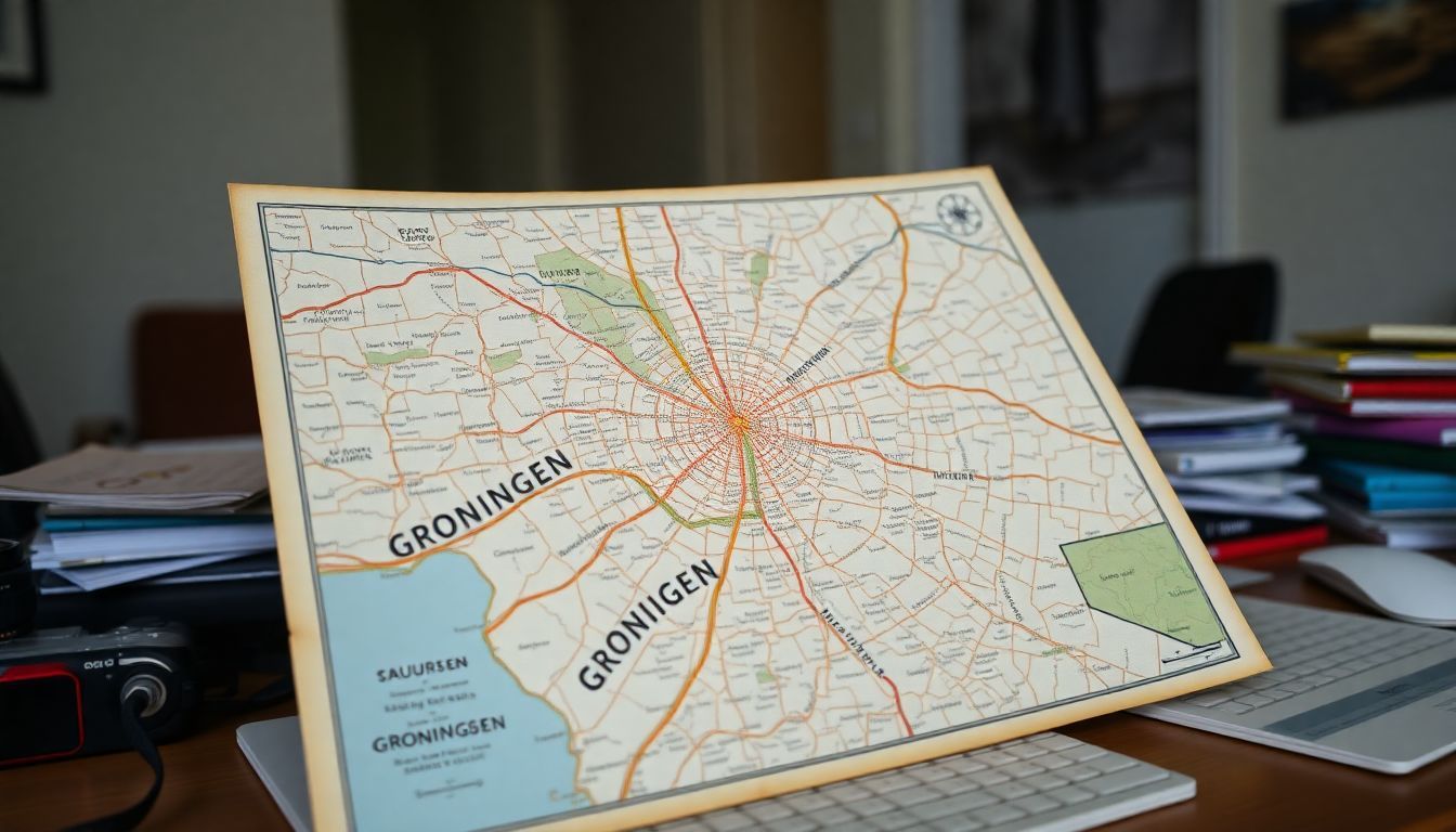 Een versleten kaart van Groningen op een rommelig bureau.